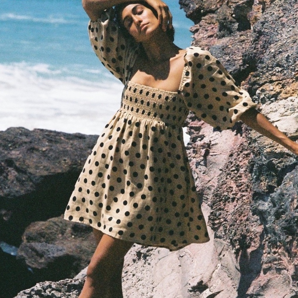 Faithful the Brand - Tan and Black Polka Dot Off the Shoulder/Puff Sleeve Dress